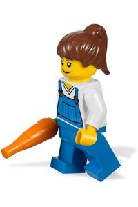 Farm Hand Female Minifigure - Female farm hand wearing blue overalls over a v-neck shirt - cty0171