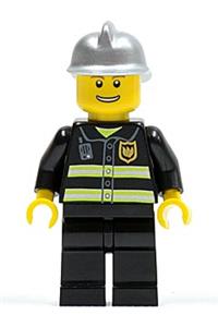 Firefighter Minifigure - Firefighter with reflective stripes, black legs, silver fire helmet, and thin grin with teeth - cty0173