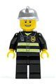 Firefighter with reflective stripes, black legs, silver fire helmet, and thin grin with teeth - cty0173