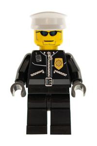 Police Officer Minifigure - Police officer in a City leather jacket with gold badge, wearing a white hat and dark blue sunglasses - cty0174