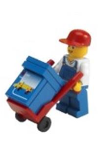 Worker Minifigure - Worker wearing blue overalls over a v-neck shirt with blue legs, a red short bill cap, and glasses - cty0178