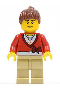 Passenger Minifigure - Female passenger with reddish brown hair in a ponytail, wearing a sweater cropped with a bow, heart necklace, and tan legs - cty0179a