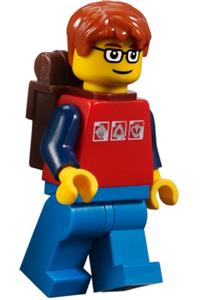 Passenger Minifigure - Passenger with dark orange tousled hair, brown eyebrows, wearing red shirt with silver logos, dark blue arms, blue legs, and a backpack - cty0180