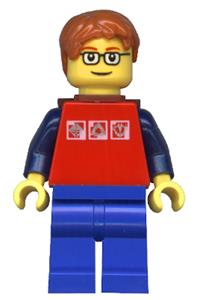 Passenger Minifigure - Minifigure with red shirt featuring 3 silver logos, dark blue arms, blue legs, dark orange tousled hair, red eyebrows, and a backpack - cty0180a