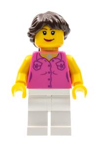 Female Minifigure - Minifigure with dark pink vest and heart necklace, white legs, and dark brown long French braided hair ponytail - cty0181