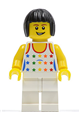 Minifigure with black bob cut hair wearing a shirt with female rainbow stars pattern and white legs - cty0182