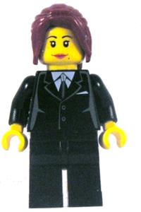 Female in suit Minifigure - Female minifigure in a black suit with long dark red hair in a ponytail and a dual-sided head - cty0183