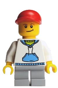 Boy with White Hoodie Minifigure - Minifigure wearing a white hoodie with blue pockets, red short bill cap, and light bluish gray short legs - cty0184