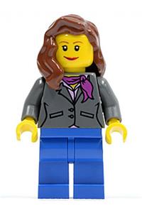 Female Flight Attendant Minifigure - Minifigure with reddish brown hair, wearing a dark bluish gray jacket with a magenta scarf and blue legs - cty0185