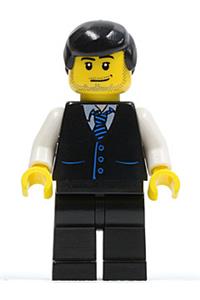 Male in Black Vest Minifigure - Black Vest with Blue Striped Tie, Black Legs, White Arms, Black Male Hair - cty0186