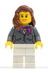 Female in Gray Jacket with Magenta Scarf - Minifigure with white legs wearing a dark bluish gray jacket with a magenta scarf and reddish brown hair - cty0187