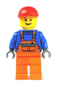 Worker in Orange Overalls - Minifigure wearing overalls with safety stripe orange, red short bill cap, with open grin and orange legs - cty0188