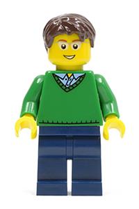 Green V-Neck Sweater, Dark Blue Legs, Dark Brown Short Tousled Hair, Glasses cty0191