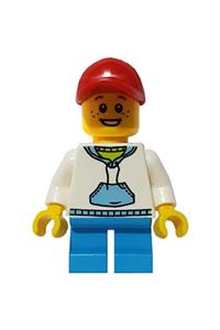 Boy Minifigure - Boy wearing a white hoodie with blue pockets, red short bill cap, and blue short legs - cty0192