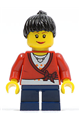 Female minifigure with black hair in a ponytail, wearing a sweater cropped with a bow, heart necklace, and dark blue short legs - cty0193