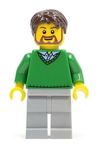 Male Minifigure - Minifigure with dark brown tousled hair, wearing a green v-neck sweater and light bluish gray legs - cty0194