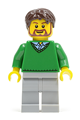 Minifigure with dark brown tousled hair, wearing a green v-neck sweater and light bluish gray legs - cty0194