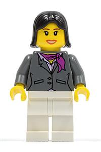 Female Minifigure - Minifigure in a dark bluish gray jacket with a magenta scarf, white legs, and black female hair - cty0195