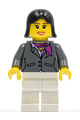 Minifigure in a dark bluish gray jacket with a magenta scarf, white legs, and black female hair - cty0195