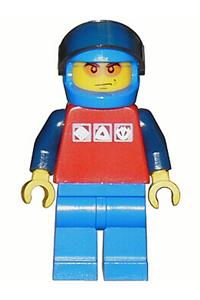 Male in space jacket Minifigure - Minifigure wearing a red shirt with 3 silver logos, dark blue arms, blue legs, a blue helmet, and orange sunglasses - cty0196