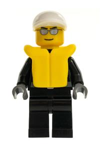 Police Officer Minifigure - Police officer in a white short bill cap and silver sunglasses, wearing a city leather jacket with gold badge and a life jacket - cty0197