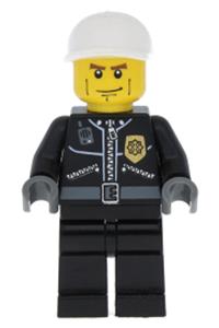 Police Officer Minifigure - City police officer with a white short bill cap, wearing a leather jacket with a gold badge and vertical cheek lines - cty0198