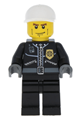 City police officer with a white short bill cap, wearing a leather jacket with a gold badge and vertical cheek lines - cty0198