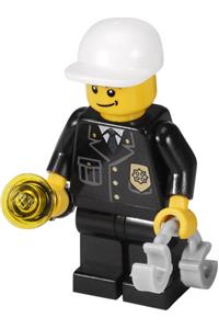 Police Officer Minifigure - Police officer wearing a suit with blue tie and badge, black legs, white short bill cap, and a crooked smile - cty0199