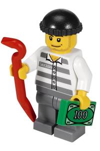 Police - Jail Prisoner 50380 Prison Stripes, Dark Bluish Gray Legs, Black Knit Cap, Smirk and Stubble Beard cty0200