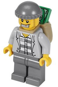 Jail Prisoner Minifigure - Police officer with a gray knit cap, gold tooth, wearing a prisoner jacket over striped shirt, and carrying a backpack - cty0201