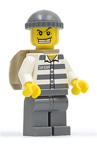 Jail Prisoner Minifigure - Jail prisoner wearing 50380 prison stripes, with dark bluish gray legs and knit cap, gold tooth, and backpack - cty0203