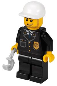 Police - City Suit with Blue Tie and Badge, Black Legs, White Short Bill Cap, Smirk and Stubble Beard cty0204