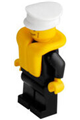 Police minifigure in city suit with blue tie and badge, black legs, vertical cheek lines, white hat, and life jacket - cty0205
