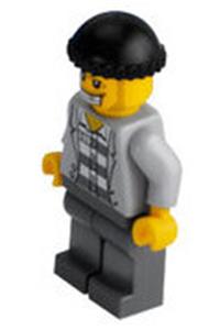 Jail Prisoner Minifigure - Minifigure wearing a police prisoner jacket over prison stripes, with dark bluish gray legs, black knit cap, and gold tooth - cty0206