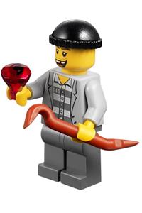 Jail Prisoner Minifigure - Prisoner with a missing tooth wearing a jail jacket over prison stripes, with dark bluish gray legs and a black knit cap - cty0208