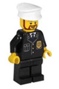 Police Officer Minifigure - Police minifigure in city suit with blue tie and badge, black legs, white hat, and brown rounded beard - cty0209