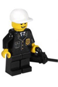 Police Officer Minifigure - Minifigure in police city suit with blue tie and badge, open grin, black legs, and white short bill cap - cty0210