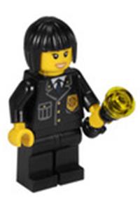 Police Officer Minifigure - Police minifigure wearing a City suit with a blue tie and badge, black legs, and black bob cut hair - cty0211