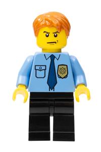 Police Officer Minifigure - Police minifigure wearing a City Shirt with Dark Blue Tie and Gold Badge, Black Legs, and Dark Orange Short Tousled Hair - cty0212