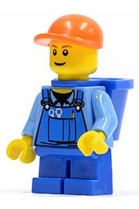Child in Overalls Minifigure - Minifigure wearing blue overalls with tools in pocket, an orange short bill cap, blue short legs, and a D-basket - cty0214