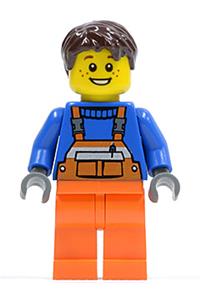 Worker in Orange Overalls - City worker with dark brown tousled hair, orange legs, wearing safety stripe orange overalls, and has an open grin with freckles - cty0215