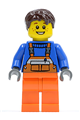 City worker with dark brown tousled hair, orange legs, wearing safety stripe orange overalls, and has an open grin with freckles - cty0215