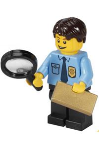 Police - City Shirt with Dark Blue Tie and Gold Badge, Black Legs, Dark Brown Short Tousled Hair cty0216