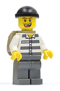 Police - Jail Prisoner 50380 Prison Stripes, Dark Bluish Gray Legs, Black Knit Cap, Missing Tooth, Backpack cty0217