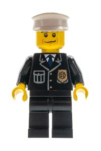 Police Officer Minifigure - Police Officer wearing police city suit with blue tie and badge, black legs, eyebrows, and a white hat - cty0218