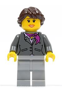 Female in Gray Jacket with Magenta Scarf - Dark Bluish Gray Jacket with Magenta Scarf, Light Bluish Gray Legs, Dark Brown Hair Ponytail Long French Braided, Brown Eyebrows - cty0220