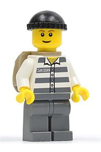 Jail Prisoner Minifigure - Prisoner 50380 Stripes, black cap, brown eyebrows, thin grin, and a backpack - cty0222
