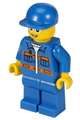 Minifigure wearing a blue jacket with pockets and orange stripes, blue legs, a blue short bill cap, glasses, and an open smile - cty0224