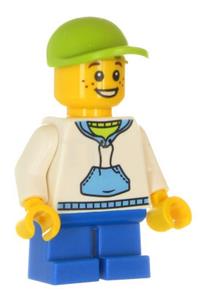 Male with White Hoodie Minifigure - White Hoodie with Blue Pockets, Blue Short Legs, Lime Short Bill Cap, Life Jacket - cty0229