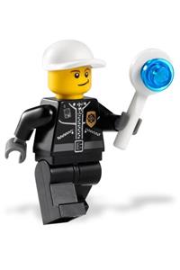 Police Officer Minifigure - City police officer in white short bill cap, with lopsided smile, wearing a leather jacket with gold badge and 'POLICE' on back - cty0231